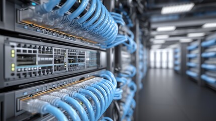 Network Hub with Patch Cables Connecting to Datacenter Servers - Minimalist Tech Aesthetic with Ample Copy Space