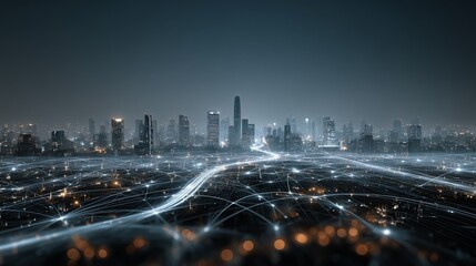 Futuristic Smart City - Modern AI Controlled Urban Landscape with Glowing 3D Fiber Network