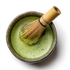 Minimalist Image of Matcha Tea in Ceramic Bowl with White Background

