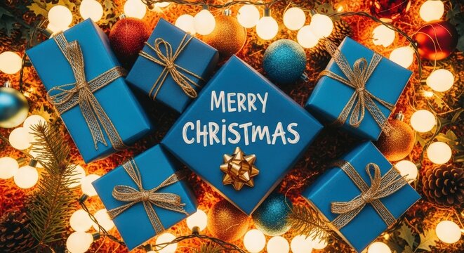 Blue Christmas gifts with gold ribbon surrounded by string lights and ornaments Merry Christmas message