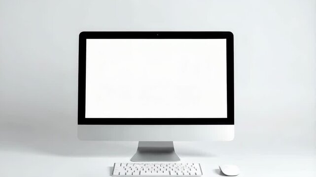 Sleek desktop computer displaying a blank white screen with wireless keyboard and mouse on a clean gray and white surface, workspace setup