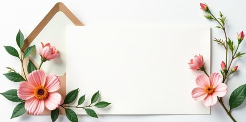 Botanical themed invitation card set; floral details, envelope, postcard, white backdrop, botanical invitation, wedding invitation, birthday