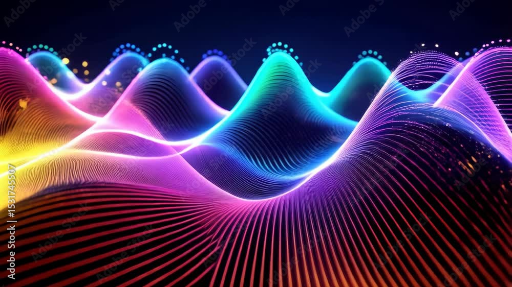 Poster abstract colorful curved glowing light waves animation with particles flowing on surface and floatin