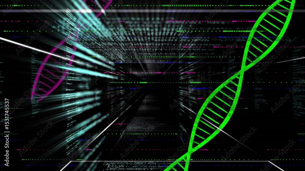 Poster on startup camera moving in code tunnel with magenta green helices pulsing, visualizing data flow