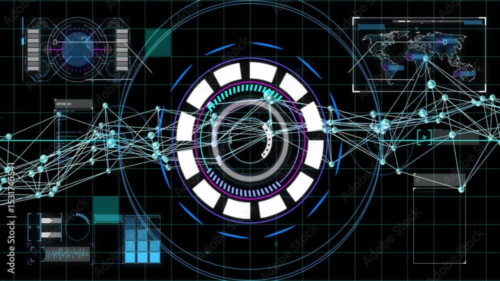 Poster on load, data hud spinning circle and pulsing network lines connecting world map for visualization
