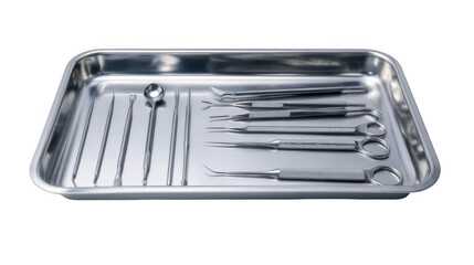 Sterile stainless steel tray holds an assortment of surgical instruments, poised for a medical procedure, against a transparent background