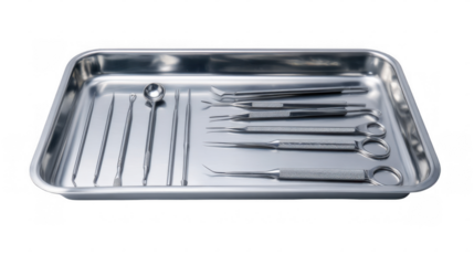 Sterile stainless steel tray holds an assortment of surgical instruments, poised for a medical procedure, against a transparent background