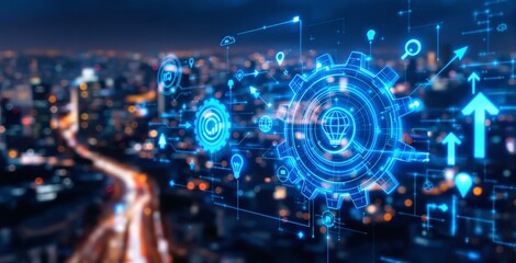 Futuristic digital interface with glowing blue gears and business icons over cityscape at night illustrating innovation and technology progress.