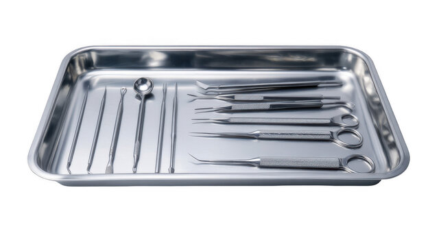 Sterile stainless steel tray holds an assortment of surgical instruments, poised for a medical procedure, against a transparent background