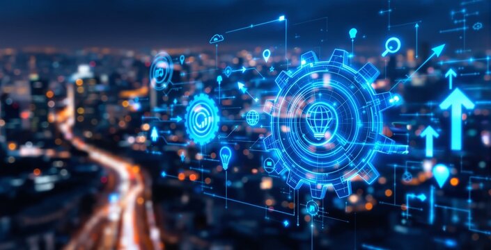 Futuristic digital interface with glowing blue gears and business icons over cityscape at night illustrating innovation and technology progress. - Powered by Adobe