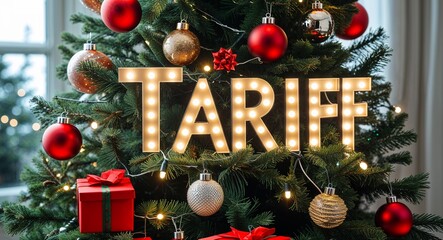 tarriff lettering on christmas tree with presents and baubles lights