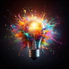 Illuminating Ideas: An artistic rendering bursts with vibrant color and radiant energy, a lightbulb at the center, symbolizing inspiration and innovation in a vivid display of creativity.