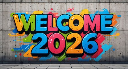 welcome 2026 graffiti lettering design on concrete wall background