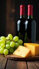 Wine bottles, green grapes, cheese wedges Wooden surface , background, wooden, rustic