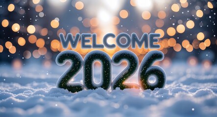 welcome 2026 lettering on winter snow holidays blurred lights bokeh background