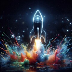 Rocket Launching: A vibrant rocket ignites with a burst of colorful energy, launching into the depths of the inky cosmos, signifying exploration, ambition, and technological advancement.