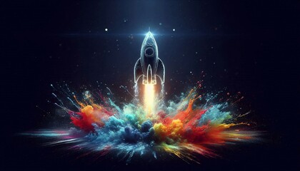 Cosmic Ascent: Witness a futuristic rocket, igniting its engines with a vibrant display of colors. This visual encapsulates innovation, progress.