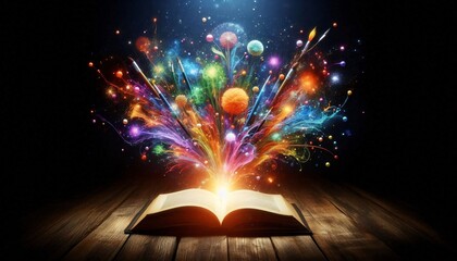 Storytelling Unbound: An open book radiates light and colorful explosions of imagination, representing knowledge, creativity, and the boundless power of narratives and stories.