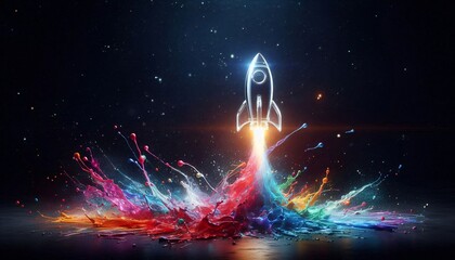 Rocket Launch in Rainbow Splash: A vibrant, stylized rocket ship blasts off into a cosmos of swirling, rainbow-colored paint splashes.  The image evokes a feeling of dynamic energy and innovation. 