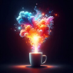 Coffee Cup Magic: A vibrant burst of colorful energy erupts from a coffee cup, illuminating the darkness, symbolizing creativity, innovation, and the inspiring power of ideas.