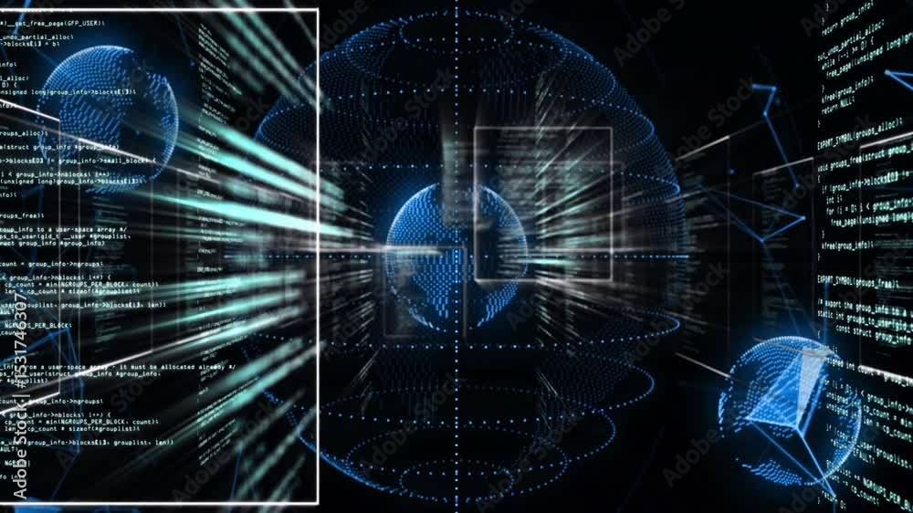 Poster upon panels appearing, data globe pulsing, code streaking and shapes orbiting visualizing data