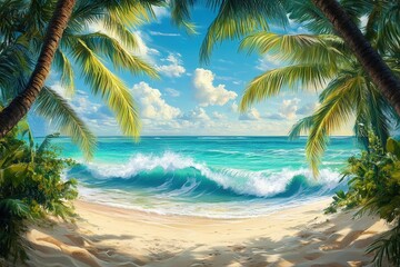 Fototapeta premium Tropical beach scene with palm trees and waves.