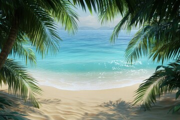 Fototapeta premium Tropical beach scene with palm trees framing the view.
