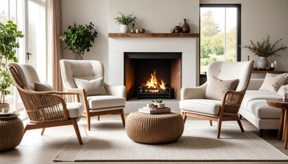Obraz premium Cozy Living Room with Fireplace and Rattan Chairs