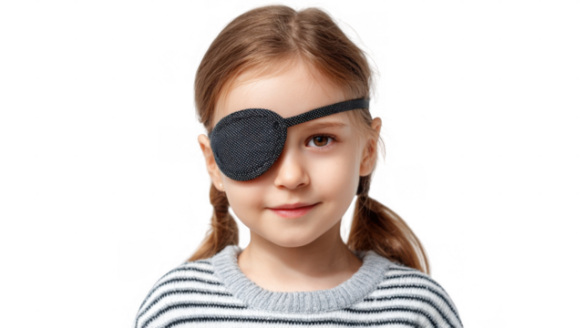 Studio portrait of a preschool girl wearing an eye patch, smiling slightly, on a transparent background, suggesting concepts of vision care, pediatric ophthalmology, or playful pirate imitation