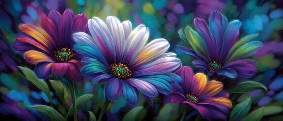 Obraz premium Vibrant Rainbow Flowers Artistic Floral Illustration Nature Bloom