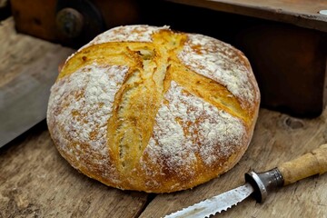 Rustic sourdough bread with natural fermentation, real food, ancestral, vintage and homemade artisan food