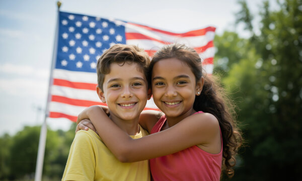 Smiling boy and girl friends hugging in front of American flag. Diverse children celebrating outdoors. Independence day. Fourth of July. USA Flag day. - Powered by Adobe