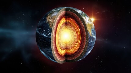 a highly detailed cross-section of planet Earth floating in outer space, showing internal layers including crust, mantle, outer core, and glowing inner core