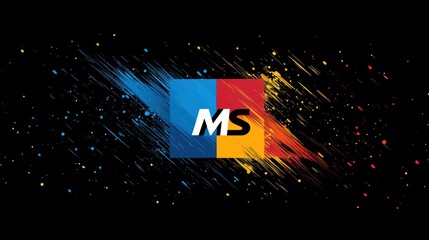 Abstract graphic design with the letters MS in a stylized box, vibrant colors, and dynamic brushstrokes on a black background.