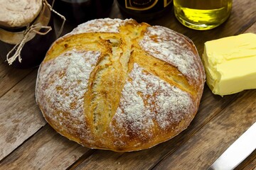 Rustic sourdough bread with natural fermentation, real food, ancestral, vintage and homemade artisan food