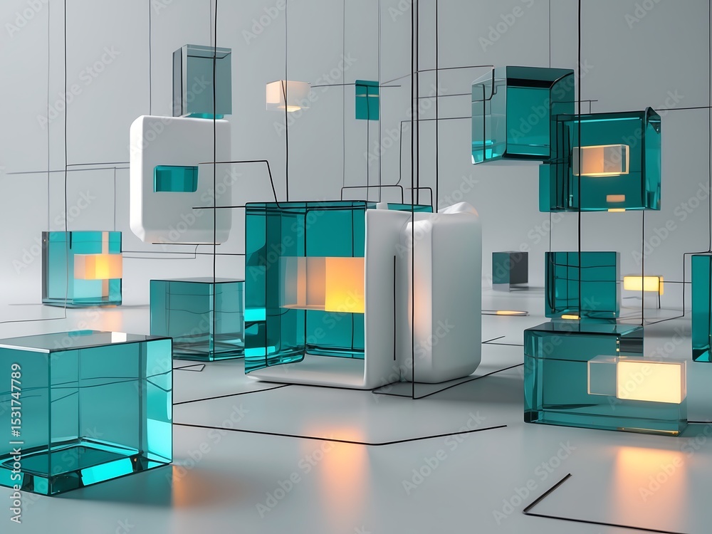 Canvas Prints teal and white glass cubes interconnected network abstract 3 d render image 1