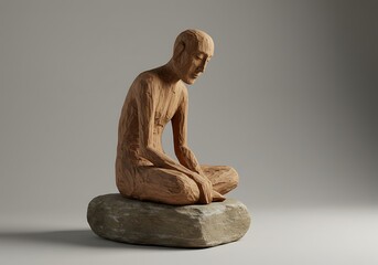 Wooden figure seated on stone pensive