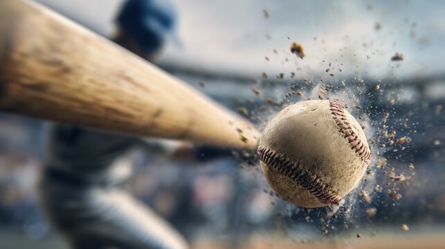 baseball moment of impact with wooden bat, ball centered with particles bursting, right side empty with motion blur for text overlay