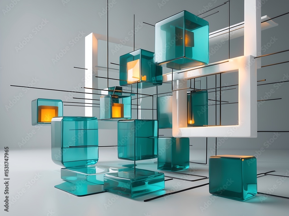 Canvas Prints teal glass cubes interconnected network abstract structure orange light white frames modern art imag