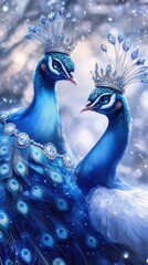 Two regal peacocks, adorned with sparkling crowns and jewels, stand close together in a snowy winter wonderland