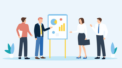 A business meeting with a presentation board showing charts and graphs with four people present