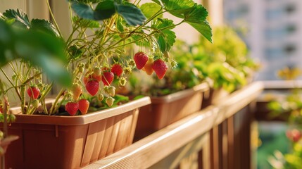 close-up of ripe strawberries hanging from lush green plants in rectangular terracotta pots, placed on wooden balcony railing