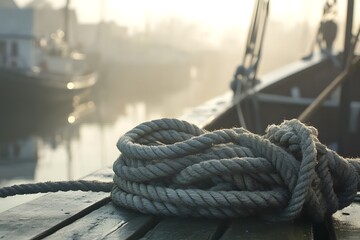 A close-up view of a tightly knotted rope resting on a wooden boat docked at a calm marina.