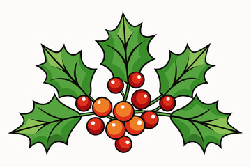 Cartoon Holly Berry Illustration for Christmas and Winter Holiday Decoration featuring Green Leaves and Red Berries on a White Background for Graphic Design