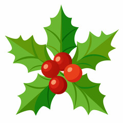 Festive Holly Berry Illustration with Four Red Berries and Green Leaves for Christmas and Holiday Season Design Projects and Greeting Cards on White Background