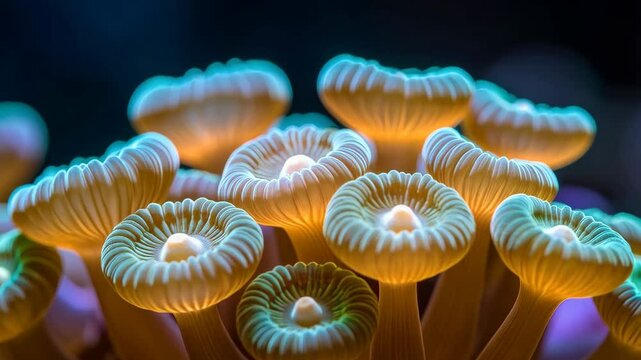 Detailed closeup of colorful Cup Coral polyps in a reef environment, glowing with bioluminescence and vibrant aquatic life, captured in rich detail.
