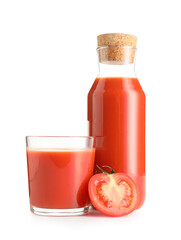 Glass and bottle of fresh tomato juice on white background