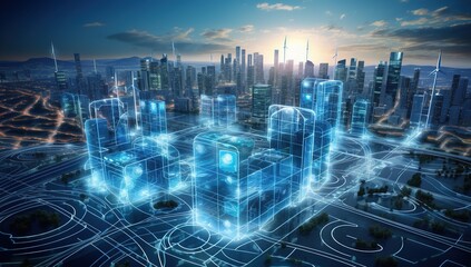 Digital blueprint of a futuristic city at sunset