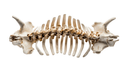 Close up of an animal spine isolated on transparent background, displaying vertebrae, ribs, and pelvic structure, providing detailed anatomical view for educational or scientific purposes