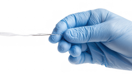 Doctor wearing blue glove holding guide wire for central venous catheter placement, ready for insertion into vein with transparent background